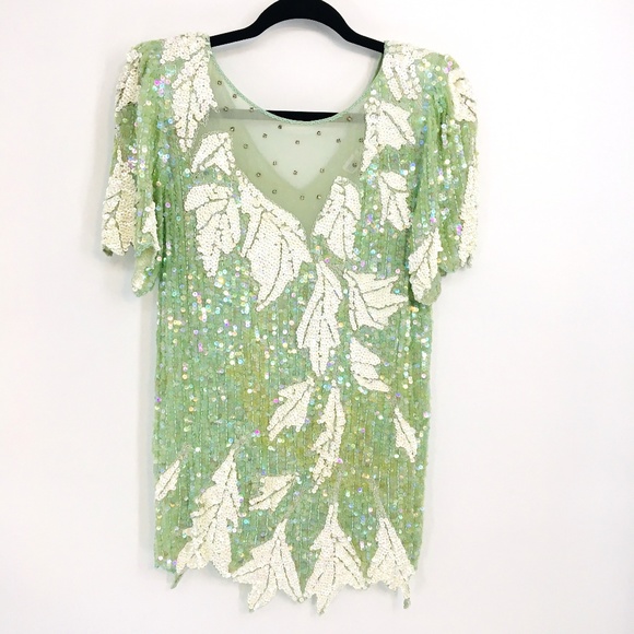Vintage Tops - Vintage Green Sequin Short Sleeve Floral Blouse